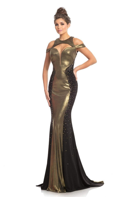 Johnathan Kayne - 9118 Two Tone Embellished Jersey Trumpet Dress In Black and Gold
