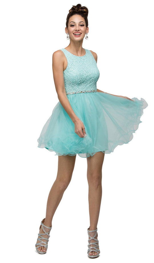 Dancing Queen - 9126 Rosette Textured Lace Bodice Cocktail Dress In Blue