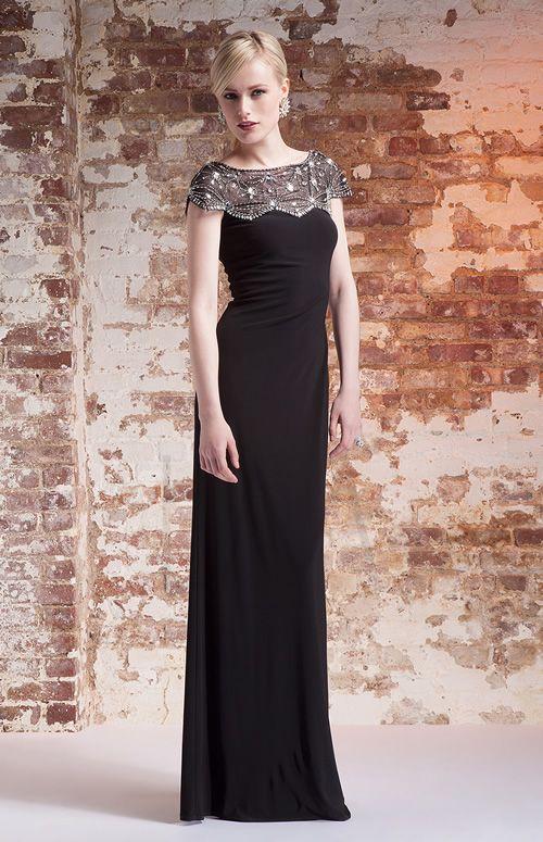 Mignon - Jeweled Cap Sleeve Jersey Gown AL1889B in Black