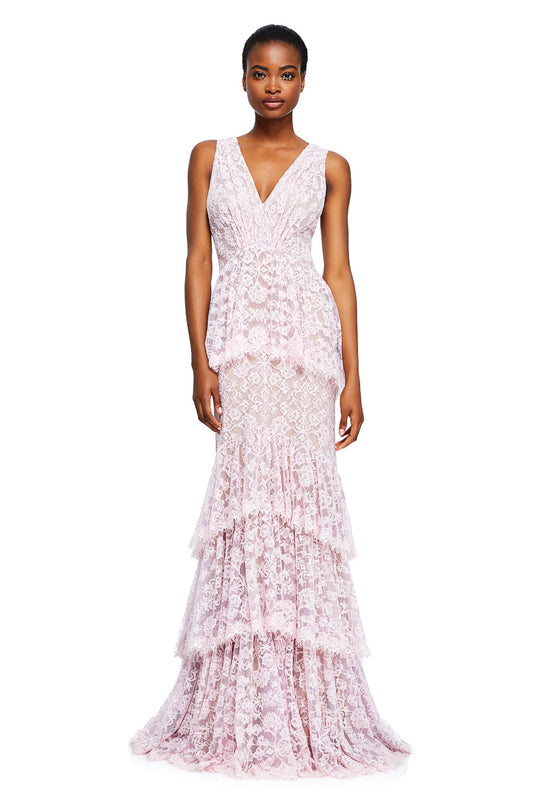 Tadashi Shoji - V-Neck Tiered A-Line Dress In Pink