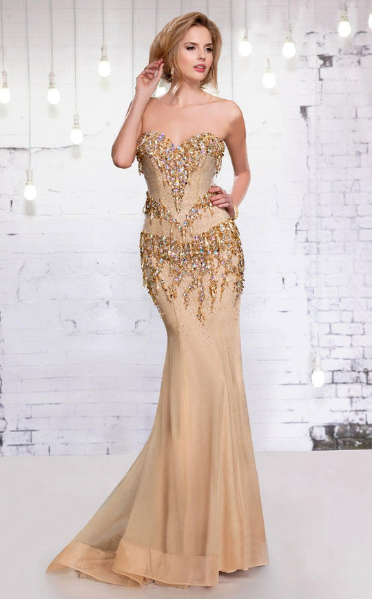 MNM Couture - 9147 Strapless Crystallized Evening Gown in Gold
