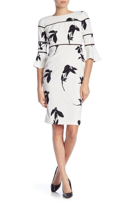 Taylor - 1150MJ Scoop Neck Flounce Sleeved Floral Print Crepe Dress In White and Black