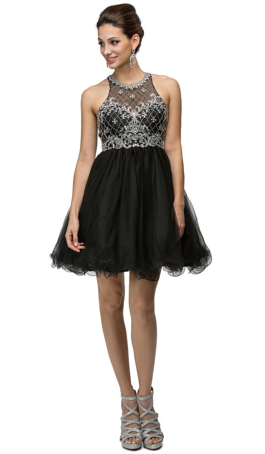 Dancing Queen - 9158 Jeweled High Jewel Illusion Cocktail Dress In Black