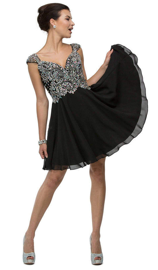 Dancing Queen - 9160 Cap Sleeve Adorned Sweetheart A-Line Cocktail Dress In Black