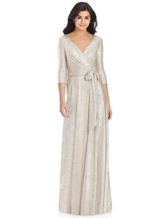 Dessy Collection - 3028 Quarter Length Sleeve V-neck A-line Dress In Pink and Gold