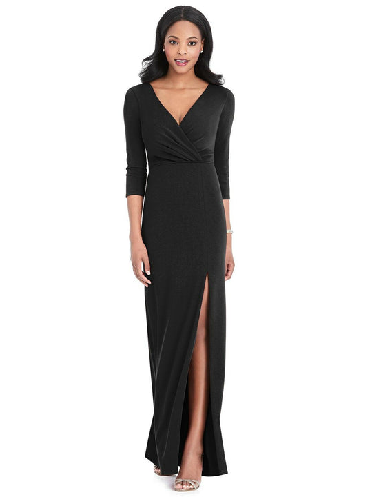 After Six - 6797 V-Neck Quarter Length Dress with Slit In Black