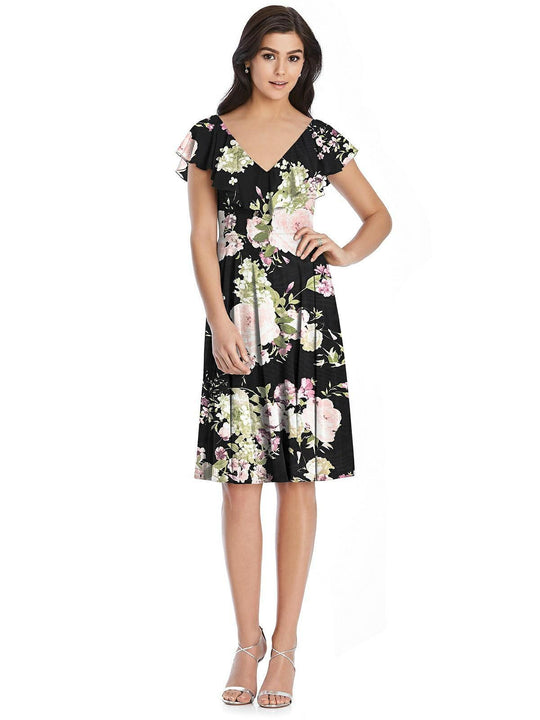 After Six - 6796 Ruffled V-Neck A-Line Knee Length Dress In Multi-Color