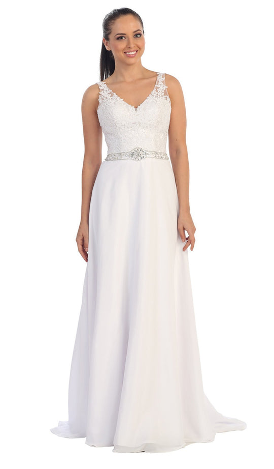 Dancing Queen - 9176 V-neck Lace Evening Gown In White