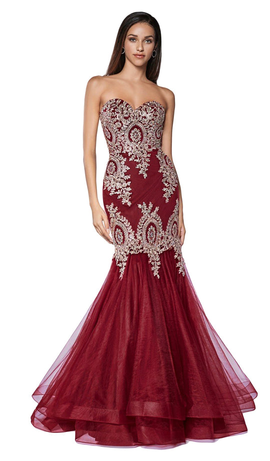 Cinderella Divine - 9179 Lace Appliqued Mermaid Gown In Red and Gold