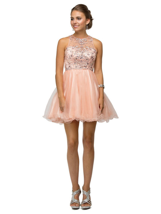 Dancing Queen - 9179 Flirty Jeweled Illusion Sweetheart Neck Polyester A-Line Dress in Pink