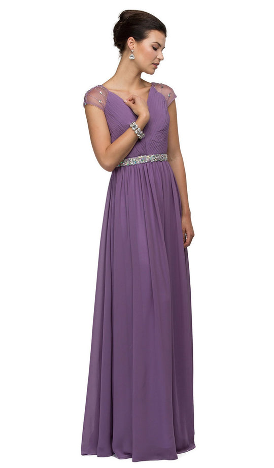 Dancing Queen - 9182 Illusion Cap Sleeve Pleated V-Neck Chiffon Evening Dress In Purple