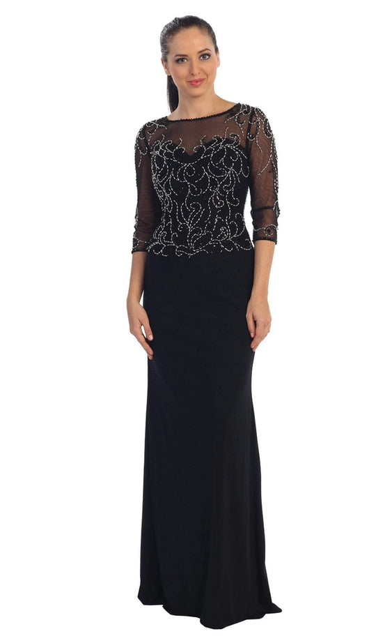 Dancing Queen - 9190 Jewel Embellished Sheer Bodice Quarter Sleeves Formal Dress in Black