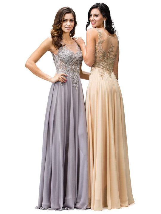 Dancing Queen 9191 Lace Appliqued Chiffon Prom Dress In Silver And Nude