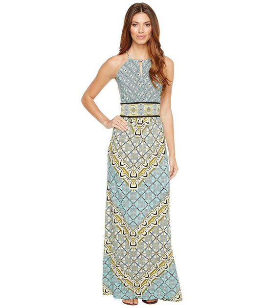 London Times - T2717MNR Keyhole Halter Sheath Dress in Blue and Green
