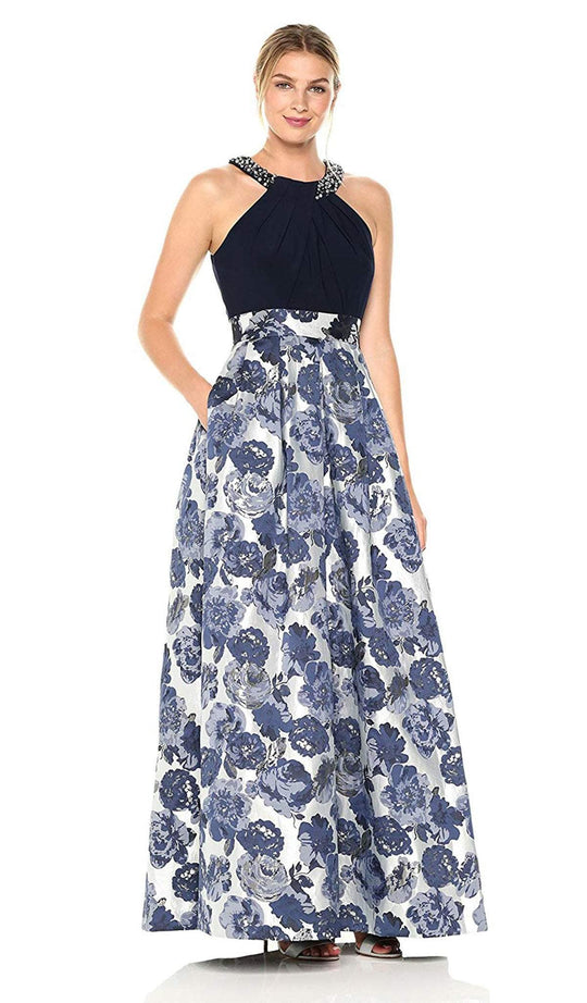 Eliza J Evening - EJ7M5920 Embellished Floral Print A-line Dress In Blue and Silver