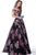 Jovani - 64089 Off-Shoulder Printed Long Dress In Black and Pink