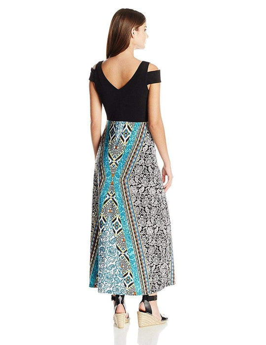 London Times - T2253M Cutout Shoulder Print Jersey Dress in Black and Blue