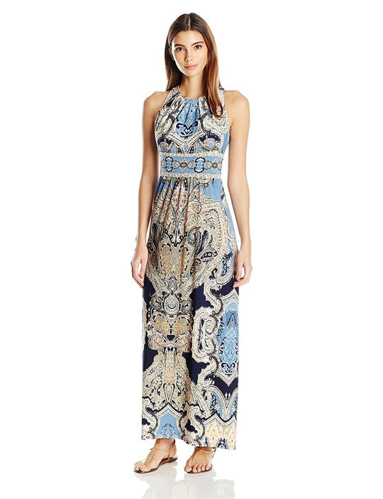 London Times - T2772M Halter Keyhole Print Dress in Blue