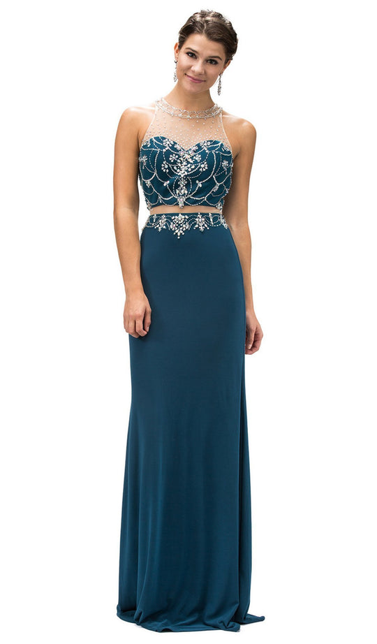 Dancing Queen - 9200 Bejeweled Two-piece Garland Motif Long Prom Dress In Green