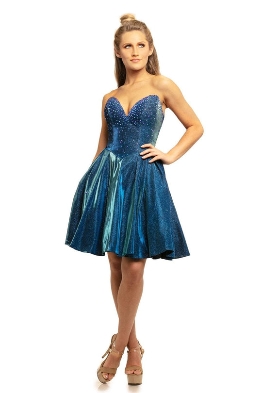 Johnathan Kayne - 9202 Knee Length Jewel Strewn A-Line Dress In Blue and Green