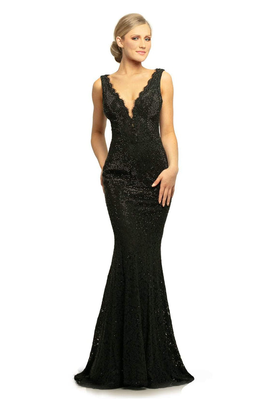 Johnathan Kayne - 9204 Beaded Plunging V-Neck Mermaid Dress In Black