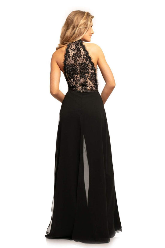 Johnathan Kayne - 9205 Beaded Lace Chiffon Jumpsuit with Skirt Overlay In Black