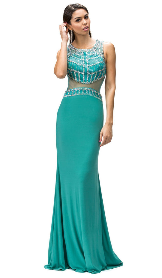 Dancing Queen - 9230 Bejeweled Illusion Scoop Prom Dress in Green