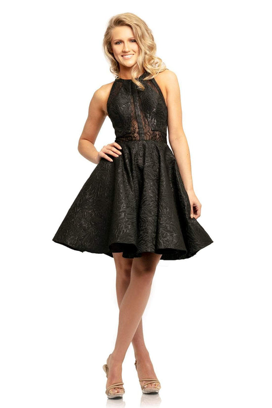 Johnathan Kayne - 9233 Lace Halter Neck Brocade A-line Dress In Black