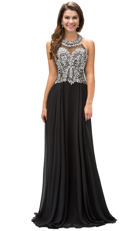 Dancing Queen - 9233 Jewel Adorned Illusion Chiffon Prom Dress In Black