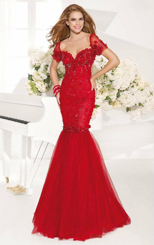 Tarik Ediz - Sexy Back Floral Accent Mermaid Gown 92347 in Red