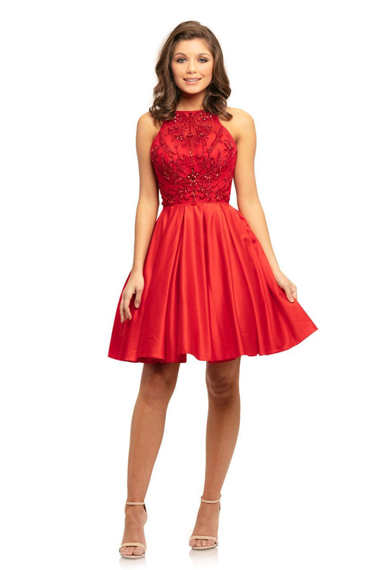 Johnathan Kayne - 9236 Embellished Halter Satin A-line Dress In Red