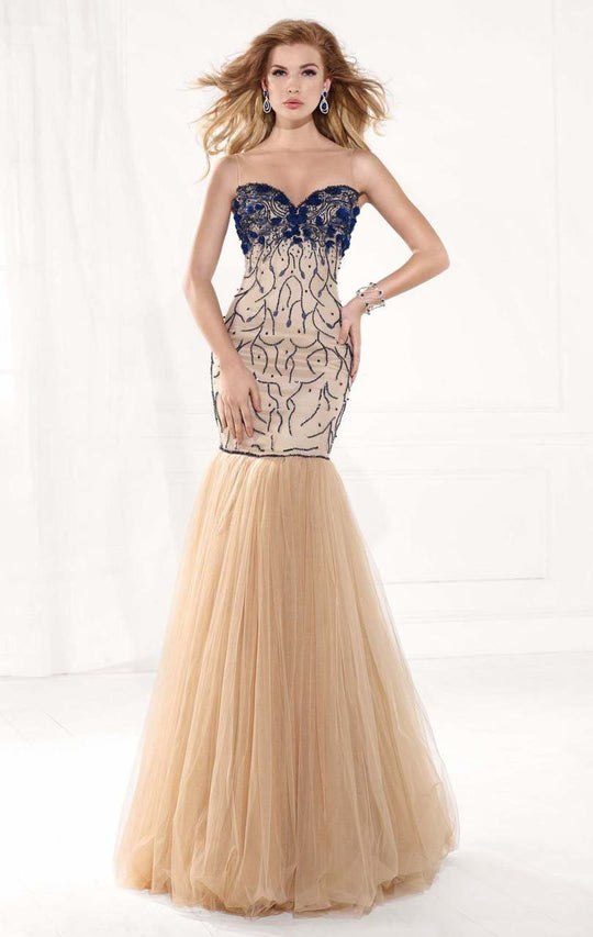 Tarik Ediz - MTE92390 Illusion Sweetheart Open Back Trumpet Gown In Navy and Neutral