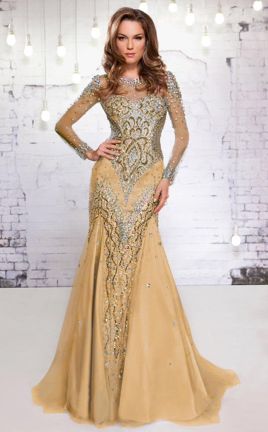 MNM Couture - 9239 Jeweled Sheer Long Sleeve Dress In Gold