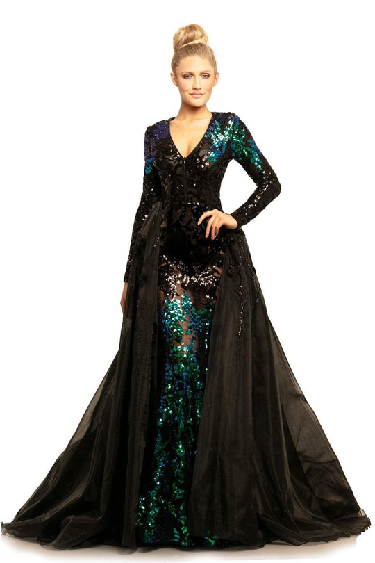 Johnathan Kayne - 9239 Sequined Long Sleeves Long Gown In Black and Blue