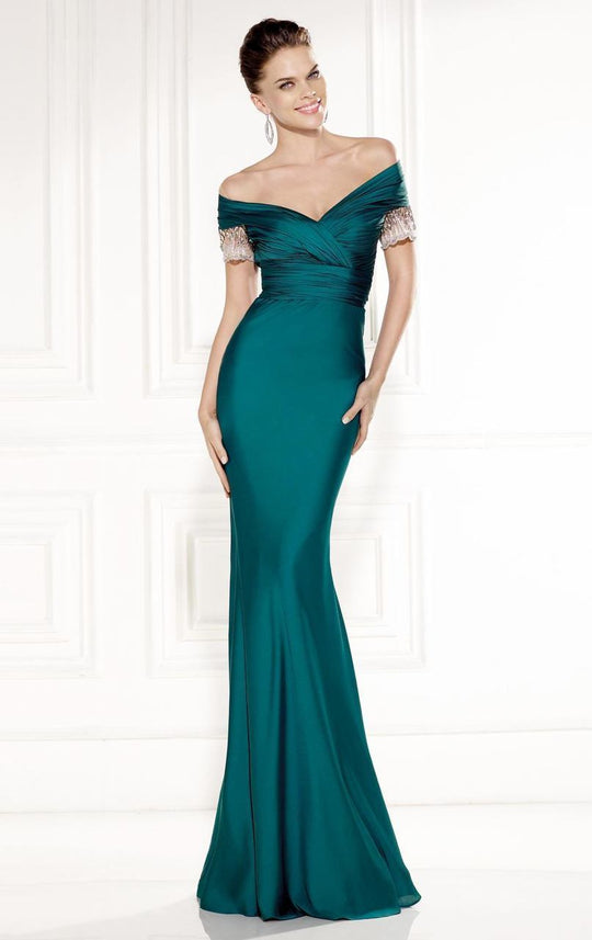 Tarik Ediz - Ruched Off-Shoulder Gown 92434 in Green