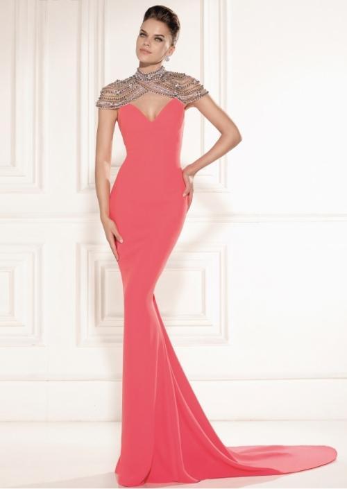 Tarik Ediz - Bejeweled High Neck Dress 92458 in Orange