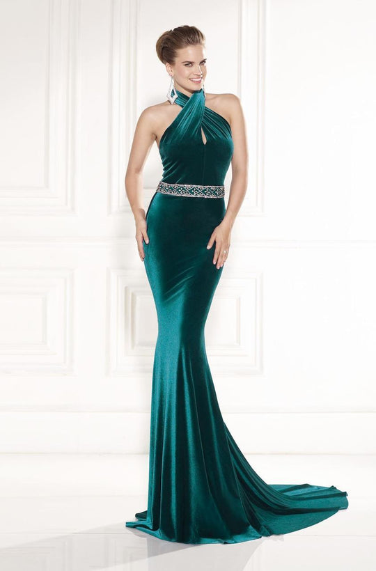 Tarik Ediz - Crystal-Encrusted Halter Neck Dress 92463 in Green