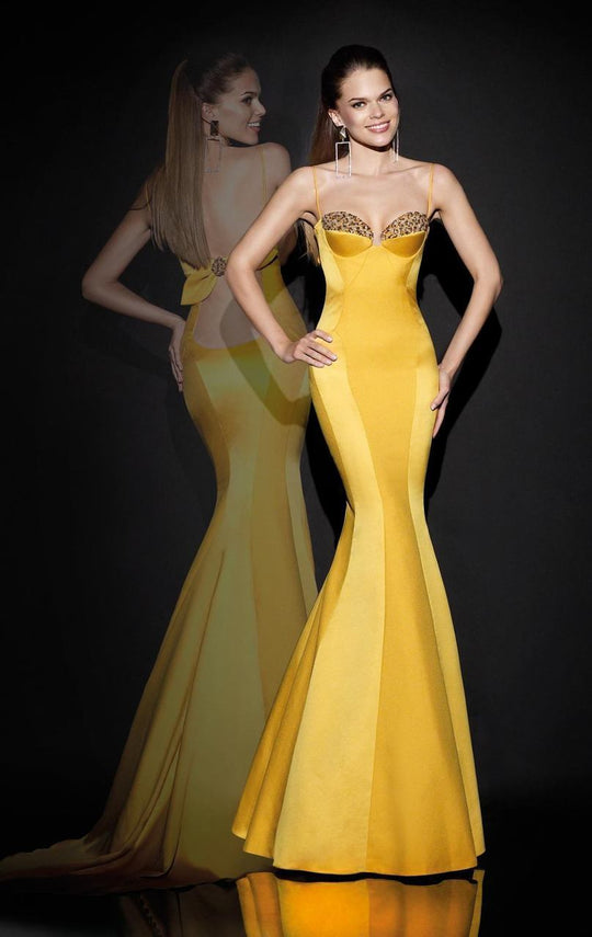 Tarik Ediz - Crystal Ornate Corset Gown  92487 in Yellow