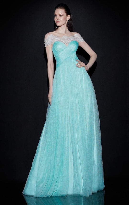 Tarik Ediz - Off The Shoulder Lace Wrap Tulle Long Gown 92497 in Green