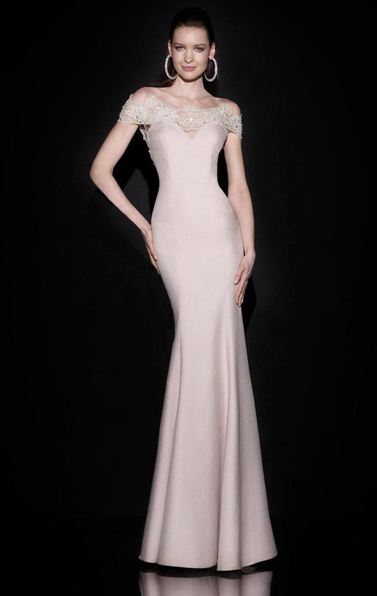 Tarik Ediz - Lace Applique Off The Shoulder Illusion Gown 92499 in Pink