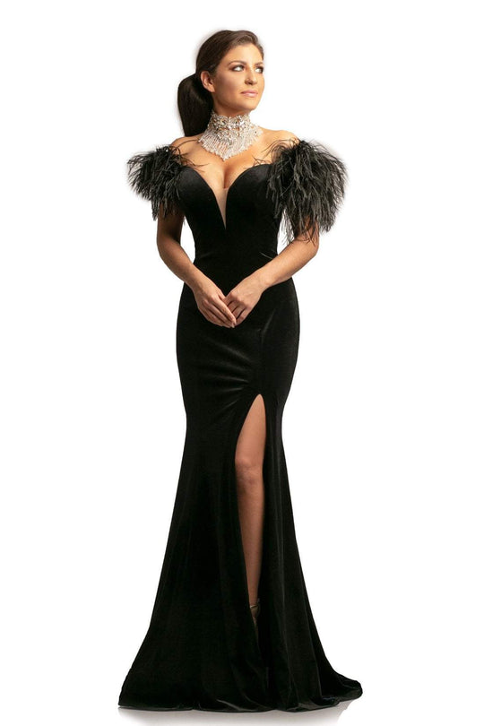 Johnathan Kayne - 9249 Velvet Feathered Sleeves Trumpet Gown In Black