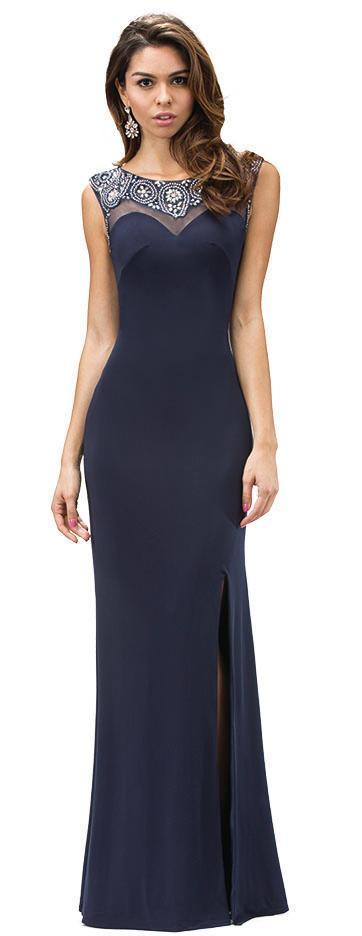 Dancing Queen - 9249 Jewel Embellished Sheer Bodice Dress In Blue