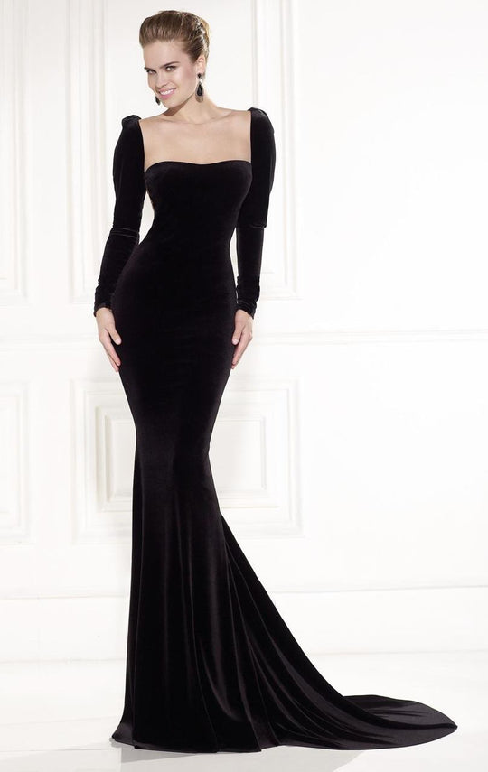 Tarik Ediz - Long Sleeve Velvet Gown 92508 in Black