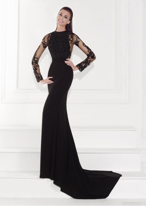 Tarik Ediz - Embellished Illusion Sleeves Gown 92522 in Black