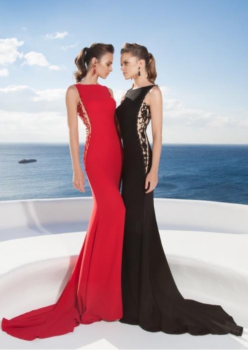 Tarik Ediz - Embellished Bateau Neck Gown 92524 in Black and Red
