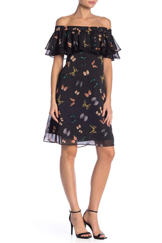 Sam Edelman - 24F057 Knee Length Butterfly Print Off Shoulder Dress In Black and Multi-Color