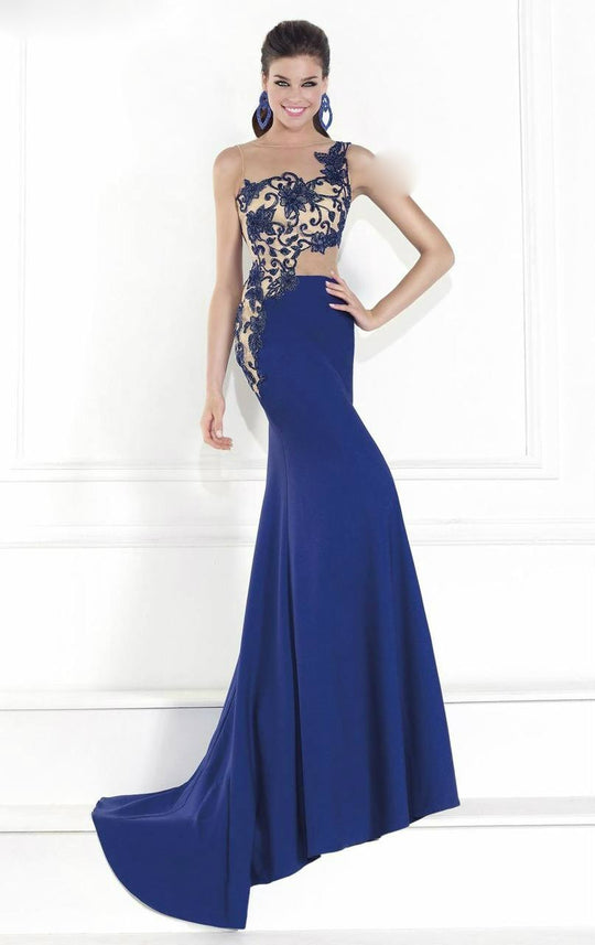 Tarik Ediz - One Shoulder Illusion Beaded Gown 92541 in Blue