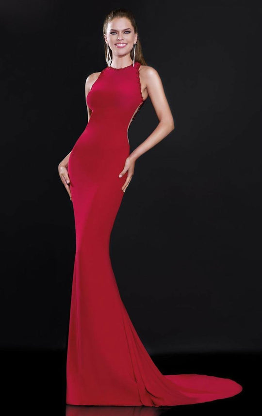 Tarik Ediz - Floral Beaded Back Details Svelte Gown 92546 in Red
