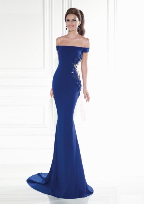 Tarik Ediz - Floral Embellished Off-the-Shoulder Gown 92572 in Blue