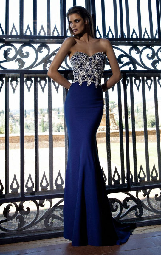 Tarik Ediz - Shimmering Lace Strapless Sweetheart Gown 92595 in Blue